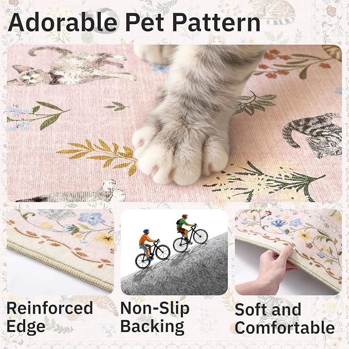 Soalmost Cat 9x12 Pink Area Rugs for Baby Girl Nursery, Washable Animal Floral Vintage Rug Non-Slip Low Pile Soft Throw Rugs for Living Room Dining Room Bedroom Playroom Classroom (9 x 12,Pink)