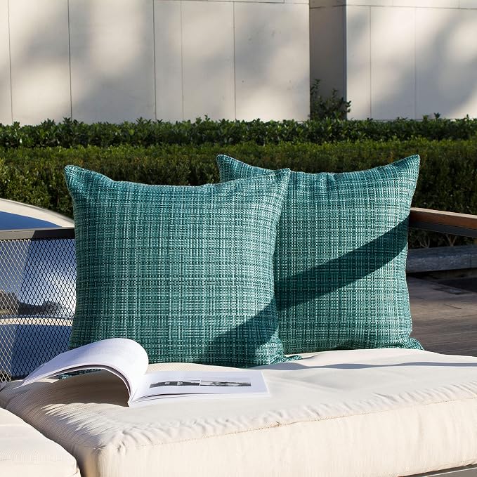 Kevin Textile Pack of 2 Decorative Outdoor Waterproof Throw Pillow Covers Lumbar Pillowcases Modern Cushion Cases for Patio Couch Bench 16 x 16 Inch Teal