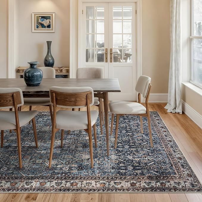 Bloom Rugs Washable Non-Slip 6' x 9' Rug - Blue/Beige Traditional Area Rug for Living Room, Bedroom, Dining Room, and Kitchen - Exact Size: 6' x 9'