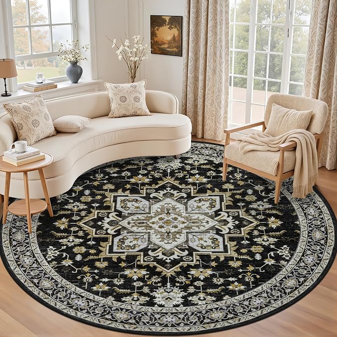 Round Area Rug for Living Room: 6ft Washable Vintage Boho Soft Thin Circle Rug Indoor Floor No Slip Stain Resistant Carpet for Bedroom Dining Room Farmhouse Nursery Home Office -Black Gold