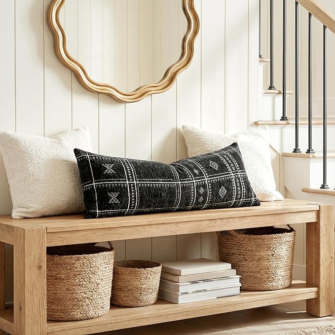 BlissBlush Decorative Lumbar Pillow Cover 14x36, Long Decorative Throw Pillow for Bed, Black Boho Textured Chenille Accent Pillowcase for Bedroom Home Décor (Cover Only)