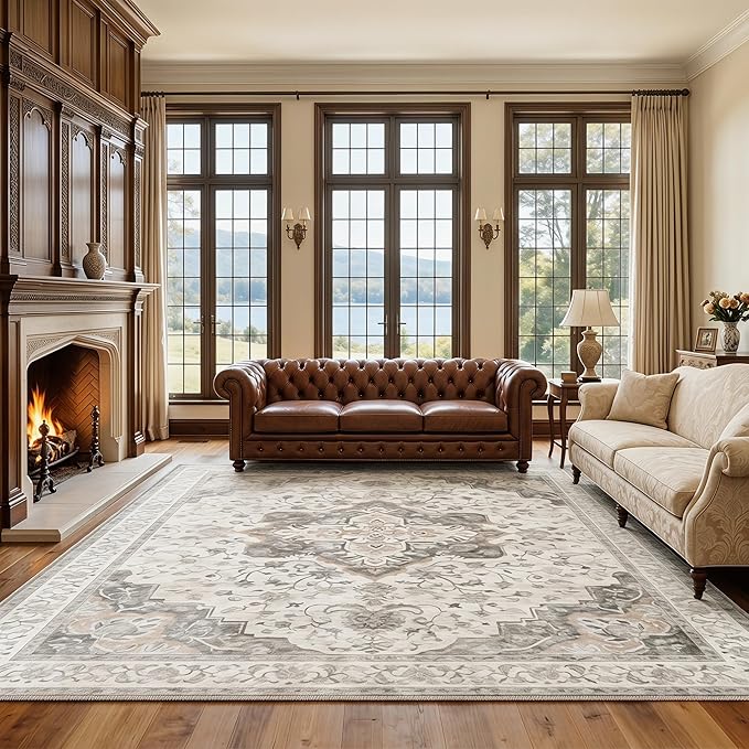 AMADA HOMEFURNISHING 9x12 Washable Area Rug, Low-Profile with Non-Slip Backing & Durable Edge Binding, Vintage Large Rugs for Living Room, Bedroom, Dining Room, Brown