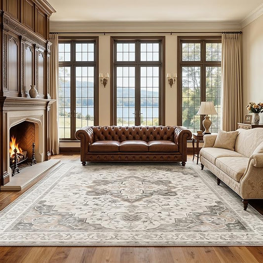 AMADA HOMEFURNISHING 9x12 Washable Area Rug, Low-Profile with Non-Slip Backing & Durable Edge Binding, Vintage Large Rugs for Living Room, Bedroom, Dining Room, Brown