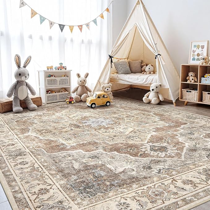 10x14 Washable Area Rug: Vintage Neutral Soft Non Slip Thin Large Floor Carpet for Living Room Bedroom Kitchen Dining Room Home Office Farmhouse Indoor - Beige Brown