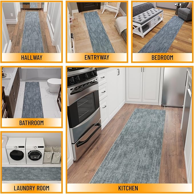 Ottomanson Aisle Runner Rug 1'10.5" x 28' – Soft Non-Slip Rug, Low Pile Carpet for Hallways, Events, Churches & Extra-Long Indoor Spaces, Solid Greyish Blue