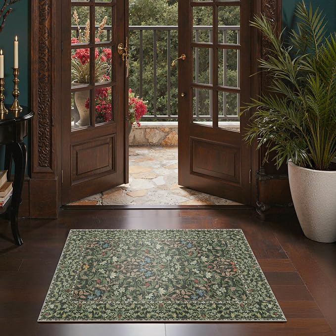 GENIMO 2x3 Washable Kitchen Rug, Non Slip Indoor Door Mat, Emerald Green | Vintage Boho Floral Low Pile Entryway Mat for Bathroom, Front Door and Laundry Room