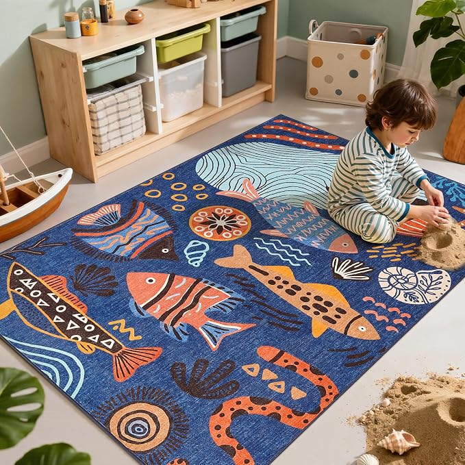 jinchan 5x7 Coastal Area Rug Kids Washable Fun Rug Colorful Ocean Fish Indoor Floor Cover Non Slip Lightweight Soft Cozy Carpet for Bedroom Nursery Playroom Daycare Living Room, Blue