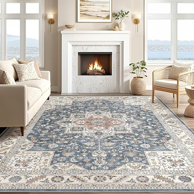 Vintage Living Room Area Rug 8x10 - Large Soft Washable Oriental Traditional Distressed Farmhouse Rugs for Bedroom - Indoor Floor Accent Carpet for Home Office House Decor - Vintage Blue
