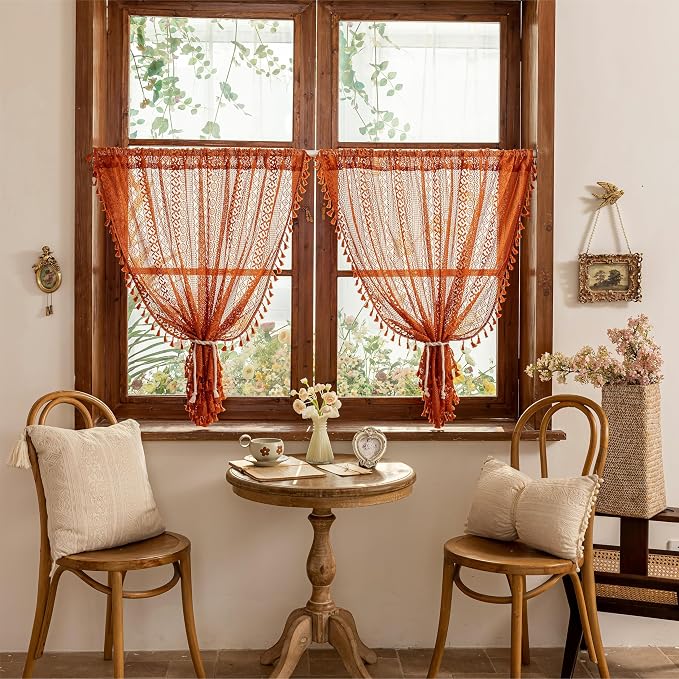 Sutuo Home Boho Kitchen Window Curtains for Closet Dishwasher,Sheer Lace Curtains Valance French Country Privacy Vintage Tassels Orange Rustic Rod Pocket Halloween Decor, 50" x 36",2 Panels Terracotta