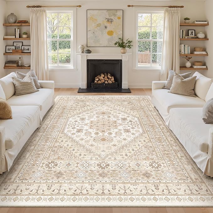 zesthome 9x12 Area Rugs,Stain Resistant Washable Rug,Ultra-Thin Rugs for Living Room,Bedroom,Non-Slip Backing Home Decor Large Area Rug (Cream/Beige,9'x12')