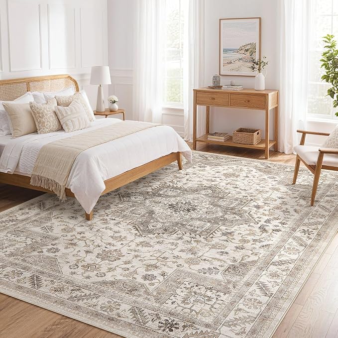 Vintage Living Room Area Rug 7x9 - Large Soft Washable Oriental Traditional Distressed Farmhouse Rugs for Bedroom - Indoor Floor Accent Carpet for Home Office House Decor - Light Brown
