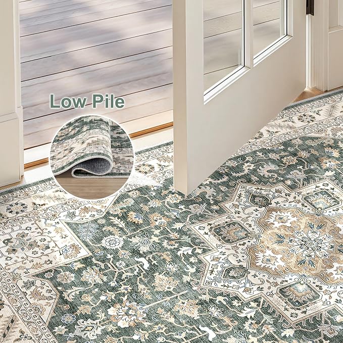 cotiled Vintage Living Room Area Rug 3x5 - Large Soft Washable Oriental Traditional Distressed Farmhouse Rugs for Bedroom - Indoor Floor Accent Carpet for Home Office House Decor - Vintage Green