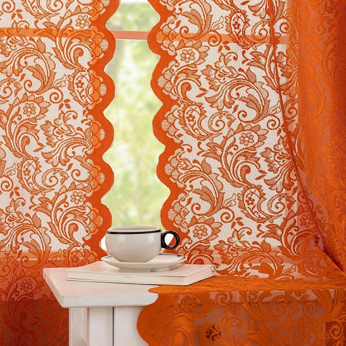 ALIGOGO Sheer Orange Curtains 108 Inches Long - Embroidered Floral Rust Window Treatment for Dining Room Farmhouse Orange Curtains 2 Panels, Scalloped Rod Pocket, 52 x 108 Inch