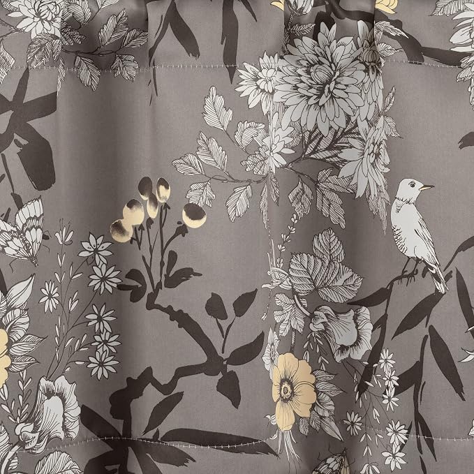 Lush Decor Botanical Garden Curtains Floral Bird Print Light Filtering Window Valance Drapes for Living, Dining, Bedroom, Gray, 52"W x 18L"