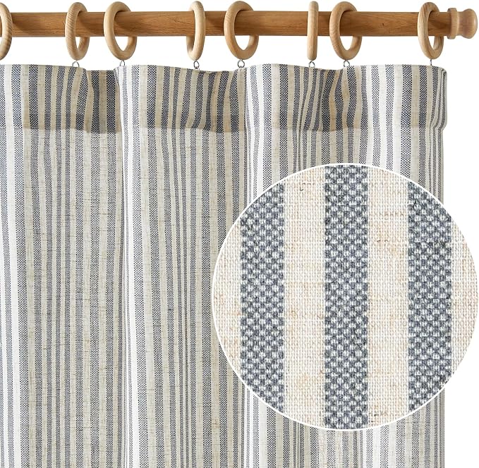 jinchan Linen Curtains 96 Inch Blue Stripe on Beige Back Tab 2 Panels | Curtains For Living Room Bedroom,Ticking Stripe, Farmhouse Cottage Core Rustic,Rod Pocket Window Treatment,Light Filtering