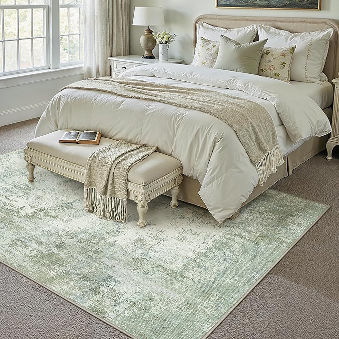 6x9 Washable Area Rug Sage Green Abstract Non Slip Soft Low Pile Rug for Living Room Bedroom Dining Room Office Neutral Modern Indoor Throw Carpet for Home Decor