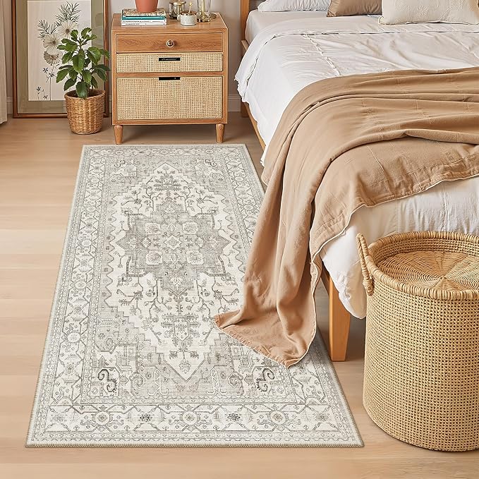 Madane Washable Runner Rug 3x6 Runners for Hallways Non Slip, Beige/Brown | Vintage Stain-Resistant 6 Feet Kitchen Rug, Soft Low-Pile Ultra-Thin Floor Carpet Mat for Bathroom Laundry Room Bedroom 2x6ft
