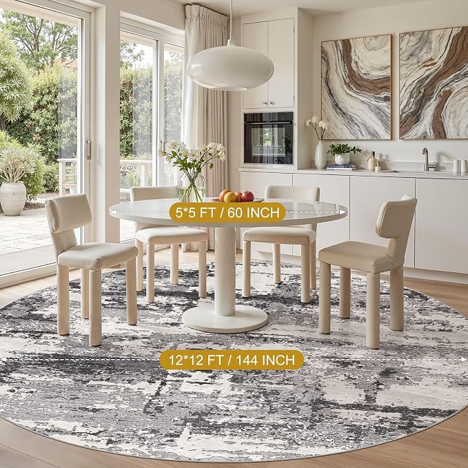 Area Rugs for Living Room: 12x12 Abstract Washable Rug Modern Neutral Large Soft Stain Resistant Non-Slip Backing Machine Table for Bedroom Dining Room Indoor Home Office Carpet - Black Grey