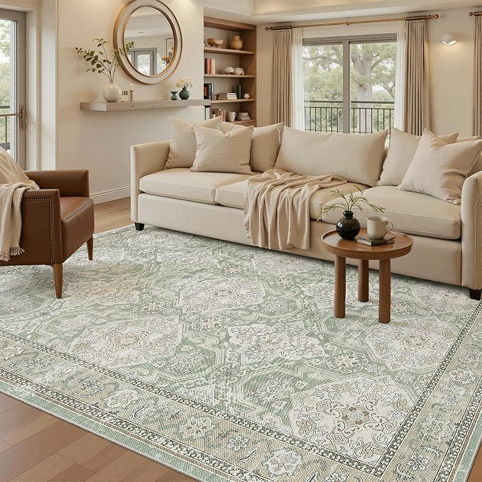 Soalmost 6x9 Area Rug for Living Room Washable 6x9 Rug Non-Slip Modern Rugs for Bedroom Dinning Room Ultra-Thin Indoor Green/Brown Rug