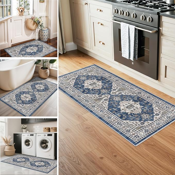 3 Pieces Kitchen Rug Sets: Farmhouse Washable Non-Slip Floor Mat for Sink Stove & Fridge Area Water Resistant Carpet for Laudry Room Entryway Soft Cozy Runners for Kids Pets Family(2x3+2x4+2x5,Blue)