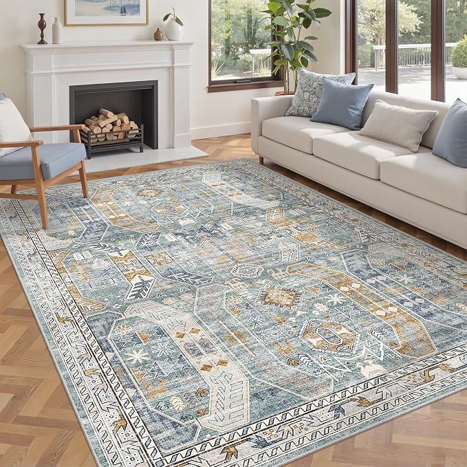 befbee 5x7 Area Rugs for Living Room,Stain Resistant Washable Rug,Non-Slip Backing Carpets for Bedroom,Kitchen,Printed Vintage Home Decor Rug (Blue/Gold, 5'x7')