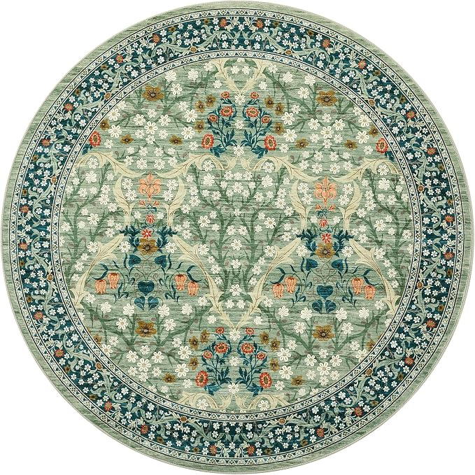 GarveeHome Sage Green Floral 6 ft Round Rug Washable Non-Slip Soft Low Pile Circle Carpet Vintage Rugs for Kitchen Bedroom Nursery Dining Living Room