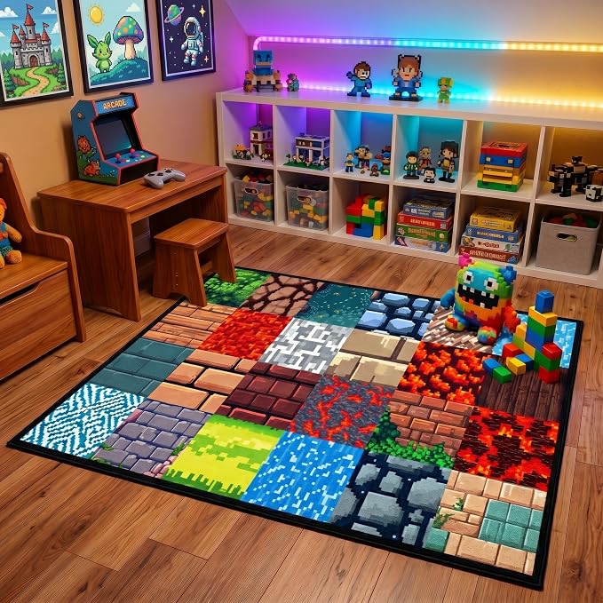 Game Room Rug - Video Game Decor for Boys Bedroom 2'5''x4' Block Theme Carpet Gaming Floor Mat Rugs for Boys Room Decor for Bedroom Living Playroom