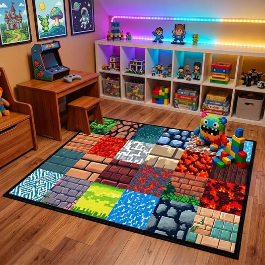 Game Room Rug - Video Game Decor for Boys Bedroom 2'5''x4' Block Theme Carpet Gaming Floor Mat Rugs for Boys Room Decor for Bedroom Living Playroom