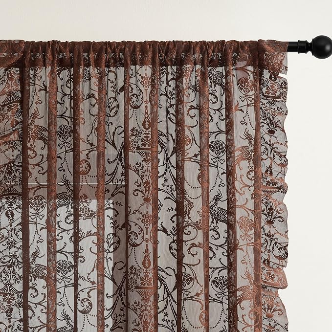 TUDECO Brown Sheer Curtains 84 Inches Long, Farmhouse Floral Brown Lace Curtains for Bedroom Living Room, Rod Pocket Cottagecore Ruffle Boho Drapes, Light Filtering & Privacy, 59W x 84L Inch