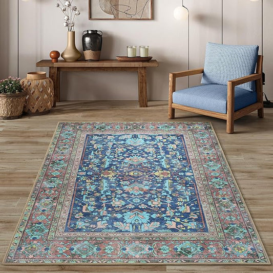Navy Blue Oushak Large Area Rug 8x10 - Washable Boho Rug Vintage Turkish Non-Slip Carpet Non-Shedding Extra Large Area Rugs for Living Room, Dining, Bedroom, Lounge, Farmhouse