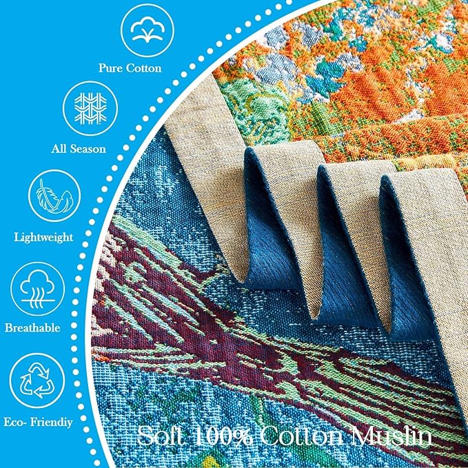 Boho Throw Blanket 100% Cotton Muslin Woven Blanket Bohemian Bed Throws Vintage Rustic Farmhouse Decor Reversible Bed Blanket Quilt for All Seasons（Blue 90"x98"）