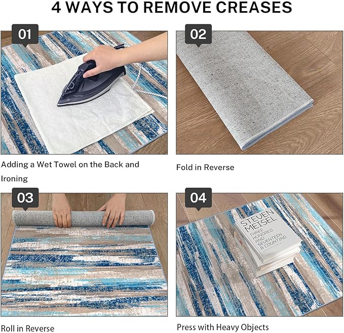 Lansny Modern Abstract Runner Rug 2x12, Blue Washable Long Kitchen Runner Non-Slip Soft Hallway Rug Runner Thin Print Faux Wool Carpet for Entryway Bedroom Laundry Room Indoor Home Decor