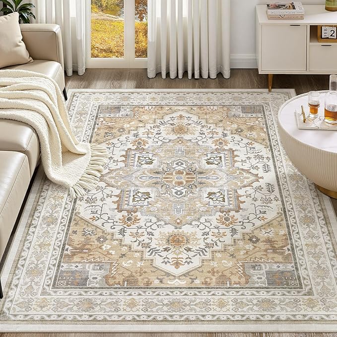 UERMEI 6x9 Area Rug for Living Room - Washable Vintage Carpet, Non-Slip Soft Large Indoor Floor Rugs for Bedroom Home Office & Under Dining Table Decor, Brown Beige