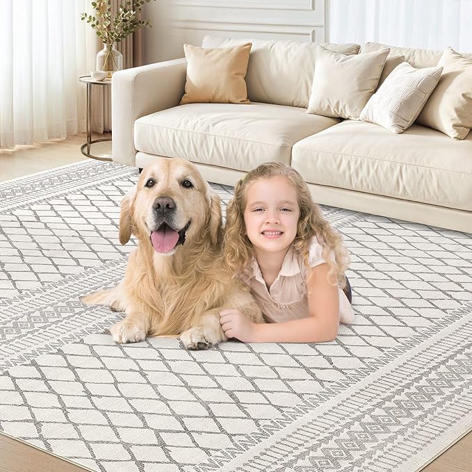 cotiled 9x12 Area Rugs Living Room Rug: Washable Boho Rugs with Non Slip Backing Large Soft Indoor Stain Resistant Carpet for Bedroom Farmhouse Dining Room Lightweight Home Decor Beige/Gray