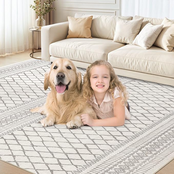 cotiled 8x10 Area Rugs Living Room Rug: Washable Boho Rugs with Non Slip Backing Large Soft Indoor Stain Resistant Carpet for Bedroom Farmhouse Dining Room Lightweight Home Decor Beige/Gray