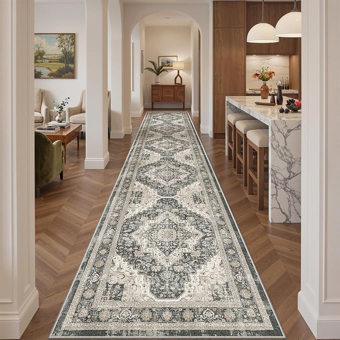 Roxstand Washable 2.6x14 Hallway Runner Rug, Black/Beige | Low-Pile Carpet, Non-slip Backing,14ft Runner, Stain Resistant, Runner for Kitchen, Laundry Room, Entryway, Vintage Design