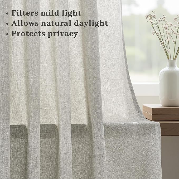 Linen Gray Pinch Pleated Sheer Curtains 96 Inch Long, Boho Beige Gothic Viral Drapes Pinch Pleated Curtains with Hooks for Living Room,Neutral Back Tab Bedroom Curtains 40" X 96" 8 FT 2 Panels