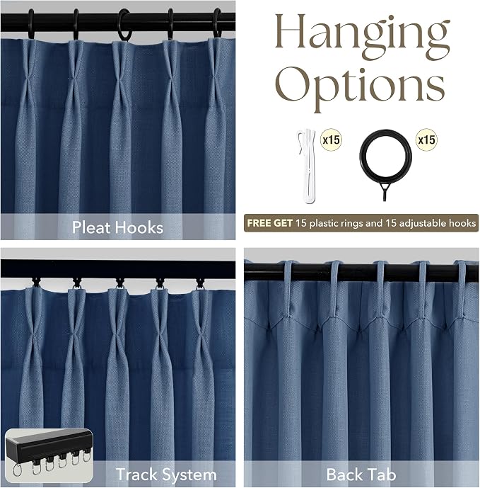 Pinch Pleated Navy Blue Linen Curtains 90 inch Length for Living Room 2 Panel Set Light Fitering Semi Sheer Navy Window Curtain Pinch Pleate with Hooks Farmhouse Bedroom Long Drapes 90