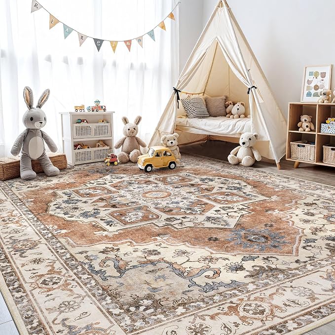 8x10 Washable Area Rug: Vintage Neutral Soft Non Slip Thin Large Floor Carpet for Living Room Bedroom Kitchen Dining Room Home Office Farmhouse Indoor - Brick Red