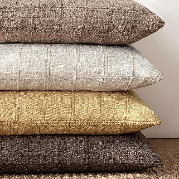 Foindtower Set of 2 Decorative Linen Check Throw Pillow Covers Neutral Farmhouse Vintage Cushion Covers Modern Boho Accent Home Decor for Sofa Chair Couch Bedroom Living Room,26×26 Inch,Amber Gold