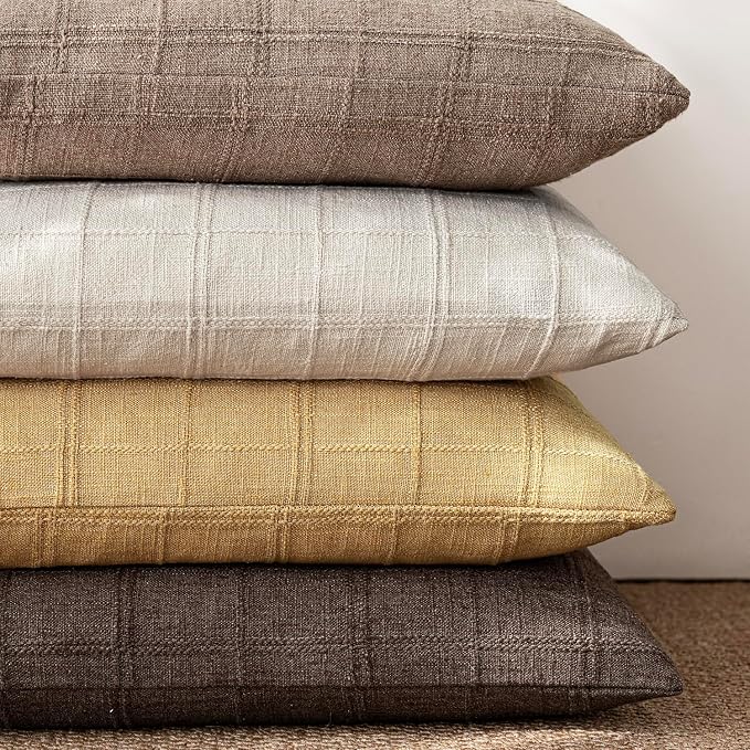 Foindtower Set of 2 Decorative Linen Check Throw Pillow Covers Neutral Farmhouse Vintage Cushion Covers Modern Boho Accent Home Decor for Sofa Chair Couch Bedroom Living Room,22×22 Inch,Amber Gold