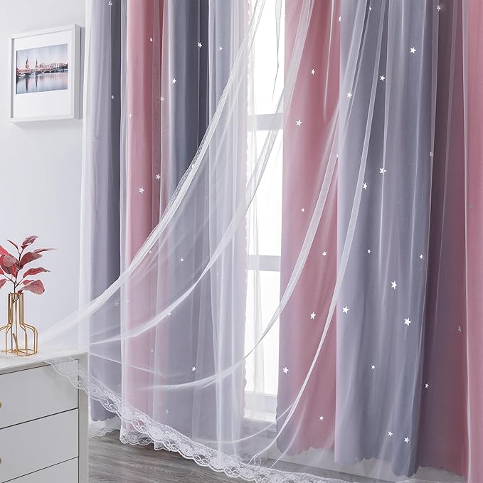 XiDi Dream Star Blackout Curtains for Kids Rooms Girl Princess Curtain for Daughter Bedroom Window (Pink Grey, W34 X L63)