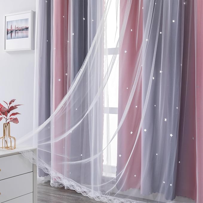 XiDi Curtains for Girls Bedroom Decro,Full Blackout 84 Inches Long for Kids Room, Colorful Rainbow Style, Unicorn Wall Decor Ombre Curtains, Princess Room Pink/Grey