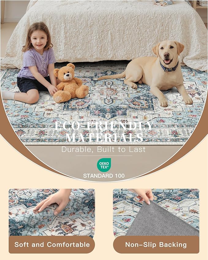 Madane Hallway Runner Rug 3x20 Washable Kitchen Runners 20ft, Blue | Vintage Non Slip Extra Long Area Rugs , Soft Low-Pile Farmhouse Wide Floor Carpet for Corridor Entryway Bathroom Bedroom