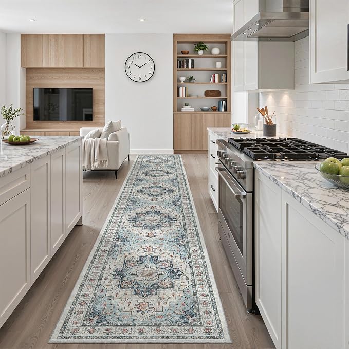 Madane Hallway Runner Rug 2'6''x14' Kitchen Runners Vintage, Blue | Long Non-Slip Washable Rugs 14ft for Laundry Room, Entryway and Bedroom, Soft Low Pile Stain-Resistant 2.5x14 Ft Floor Carpet