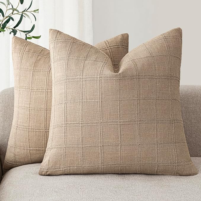 Foindtower Set of 2 Decorative Linen Check Throw Pillow Covers Neutral Farmhouse Vintage Cushion Covers Modern Coastal Boho Home Decor for Sofa Chair Couch Bedroom Living Room,24×24 Inch,Camel