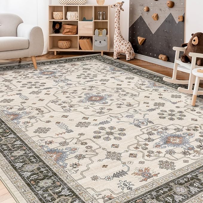 10x14 Area Rugs for Living Room - Large Carpet Ultra Thin Soft Washable Oriental Vintage Floral Distressed Big Indoor Carpets for Bedroom Nursery Dorm Home Decor Aesthetic - Brown Black