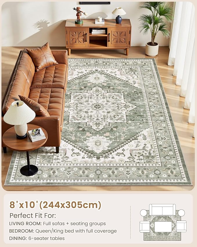 8x10 Vintage Area Rug: Washable Neutral Soft Non Slip Thin Large Floor Carpet for Living Room Bedroom Kitchen Dining Room Home Office Farmhouse Indoor - Green