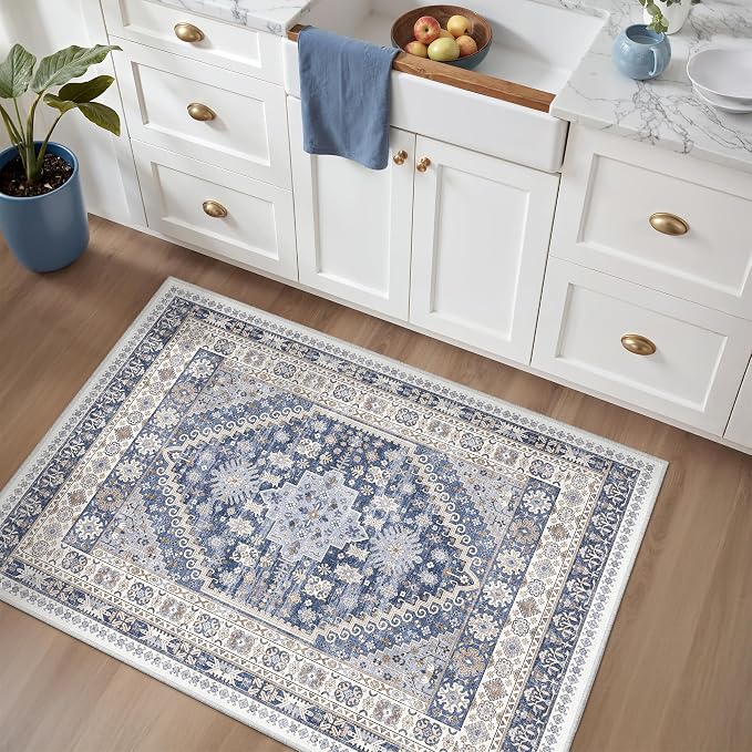 zesthome 3x4 Washable Area Rug for Entryway, Soft Kitchen Rugs Non Slip for Dining Room, Vintage Abstract Living Room Rug, Thin Area Rugs Indoor for Bedroom, Kids Room Decor(Blue/Beige,3'x4')