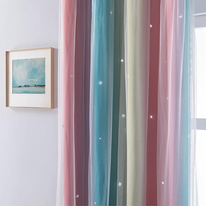 XiDi Curtains for Bedroom Decor, Rainbow Pink-Blue-34-90